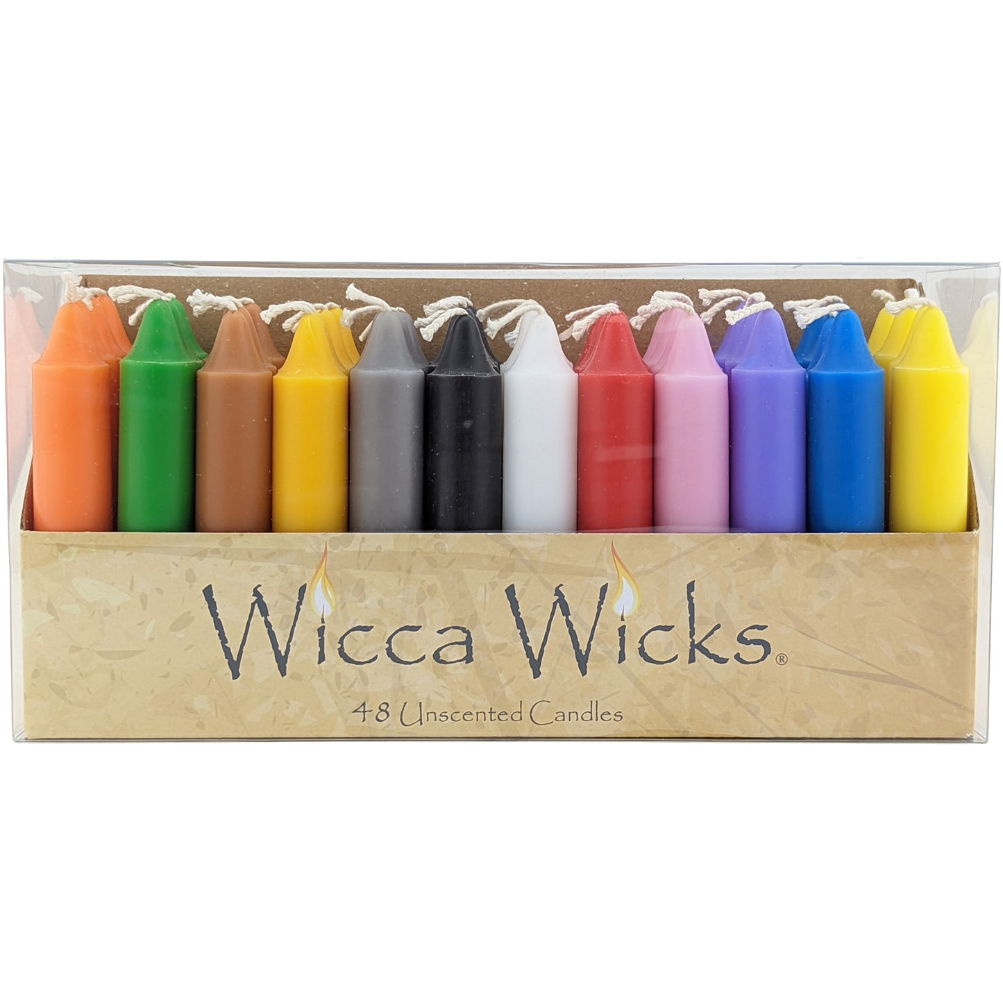 Close up image, front view, multi-color box of 48 candles.
