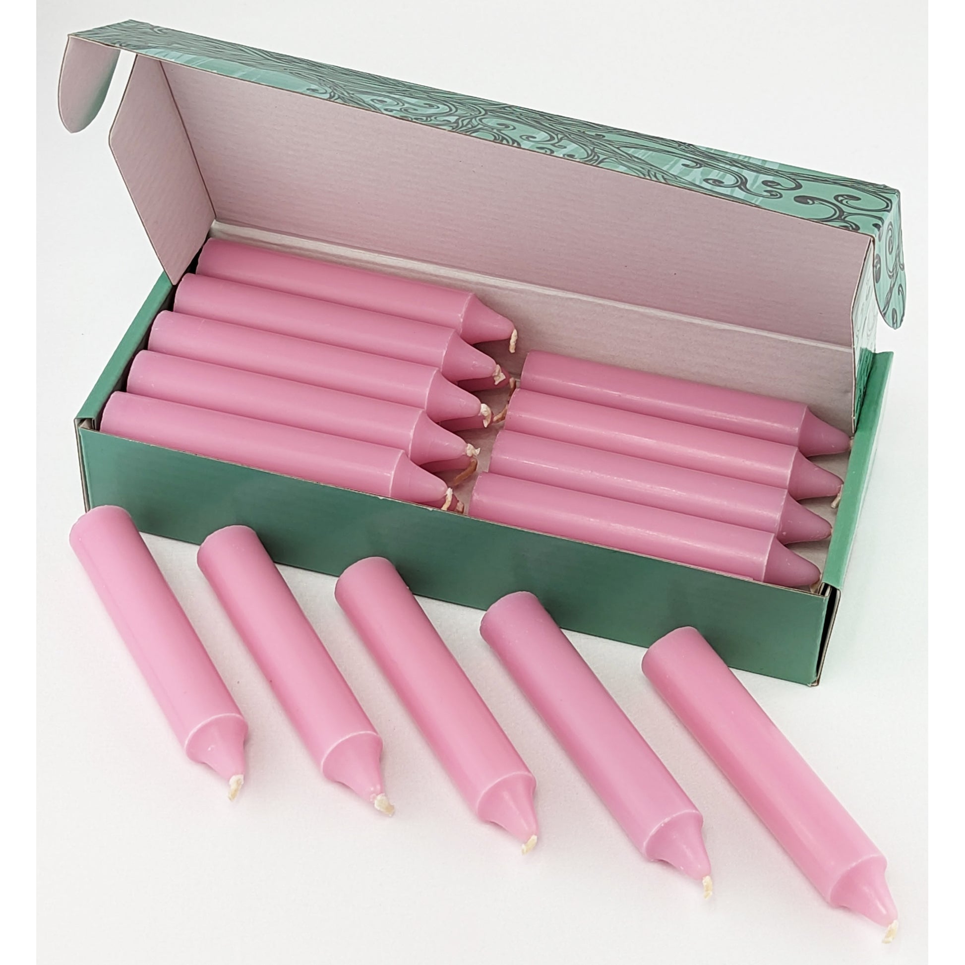 Close up image, pink candles with open display box.