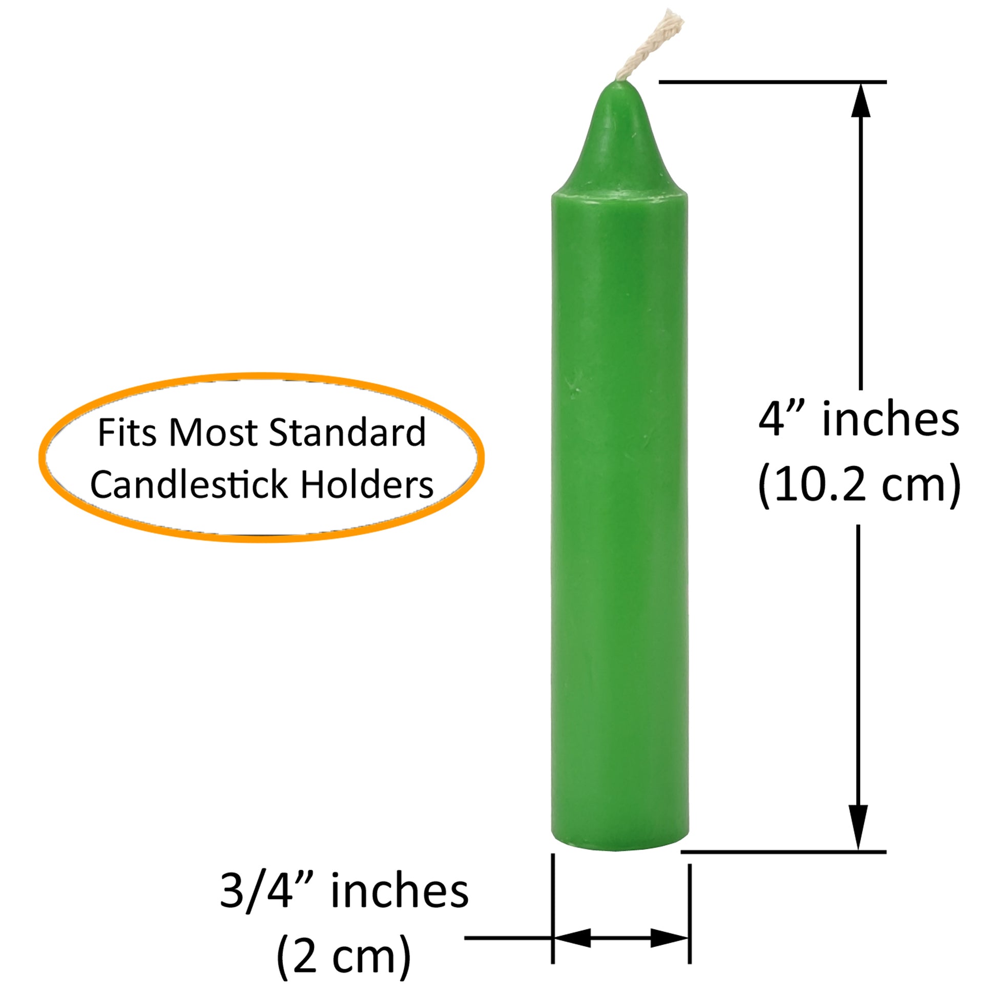 : Infographic, candle dimensions, 4 inches tall, .75 inches diameter.