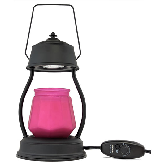 Image, black candle warmer with a large pink scented candle and dimmer on/off controller shown.