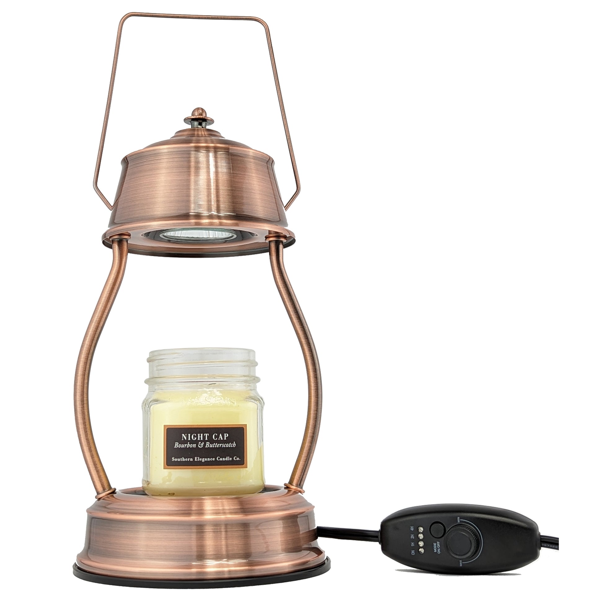 Image, copper candle warmer with a large pink scented candle and dimmer on/off controller shown.